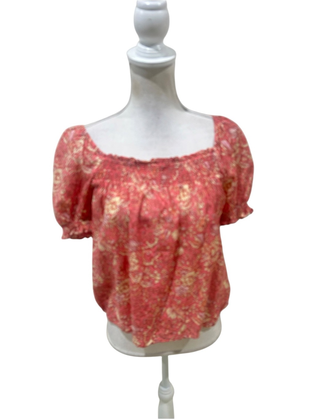 J crew Coral Floral smocked short sleeve cropped Peasant Top square neck small